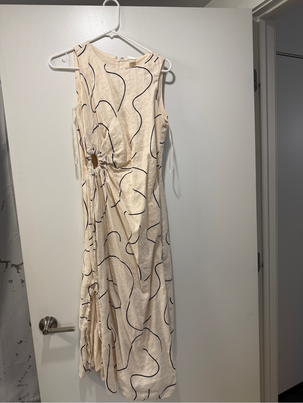 Cream Midi Dress with Black Abstract Line Print